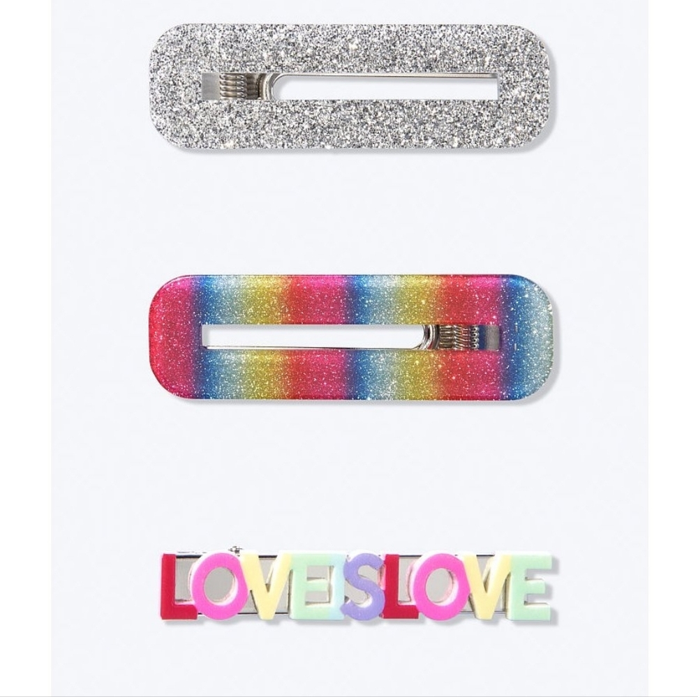 PINK Victoria’s Secret Hair Clips Set | Glitter Rainbow & LOVE Barrettes